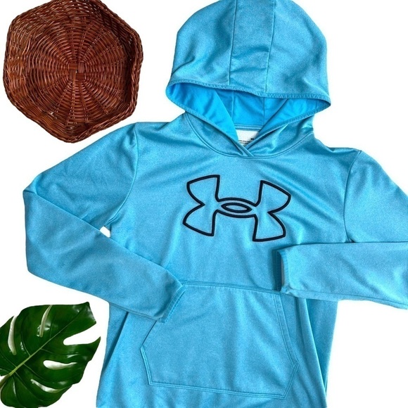Under Armour Big Logo Blue Pullover Fleece Hoodie Hooded Sweatshirt Size Medium - Picture 3 of 14